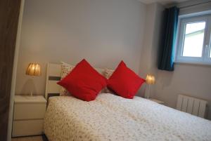 科尔马Gîte De Charme的卧室配有两张红色枕头