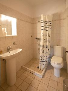 斯基亚索斯镇LAURA Skiathos的浴室配有水槽、卫生间和浴帘