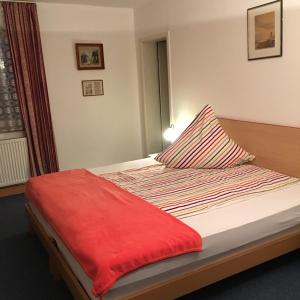 因河畔辛巴赫Wald Cafe的一间卧室配有一张床铺,床上铺有红色毯子