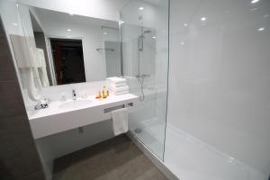沙斯讷伊迪普瓦图广场酒店的白色的浴室设有水槽和淋浴。