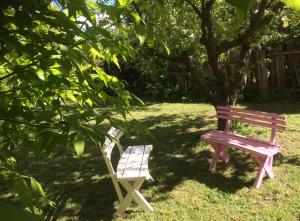 卡斯尔梅恩考卡布瑞度假屋的树下坐的长凳和椅子