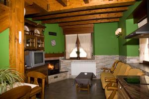 BernedoCasa Rural Gaztelubidea的客厅设有绿色的墙壁和壁炉