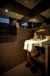 迈阿密海滩迈阿密普莱姆酒店的浴室配有盥洗盆、镜子和毛巾