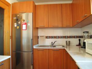 阿尔么丽亚Atico Alhamilla的厨房配有木制橱柜和不锈钢冰箱。