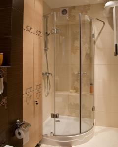 克雷尼察Apartament Perłowy的浴室里设有玻璃门淋浴