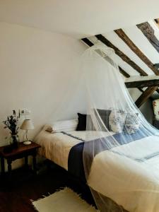 纳瓦雷东达德格雷多斯Hostal Refugio De Gredos的一间卧室配有一张带蚊帐的床