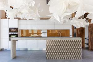 莫劳豪洛姆Artkazal的厨房配有白色橱柜和白色艺术品