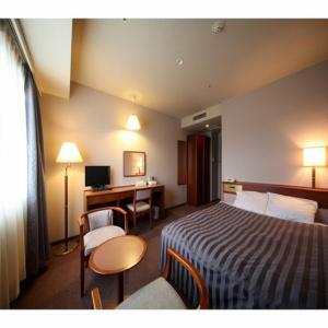 Echizen武生皇冠山酒店的配有一张床和一张书桌的酒店客房