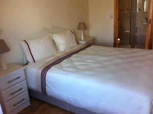基尔莫尔码头Kilmore Quay Castleview 1 - 5 Bedroom House的卧室配有一张带白色床单和枕头的大床。