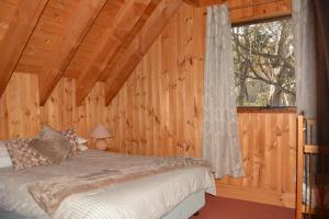 丁诺高原雪花飘落木屋的一间位于小屋内的卧室,配有一张床和一个窗户