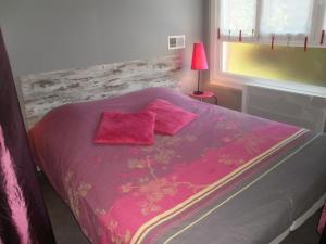 Hellemmes-Lille亚当酒店的卧室内的一张带粉红色床单和枕头的床