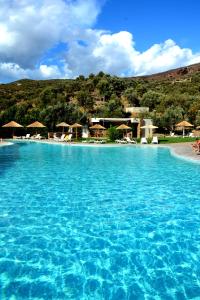 马尔马里埃维亚套房酒店的一个带椅子和遮阳伞的大型蓝色海水游泳池