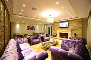 坎波斯杜若尔当波萨达意大利亚埃勒甘扎旅馆的客厅配有紫色沙发和壁炉