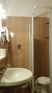 卡萨尔普斯泰尔伦戈Hotel Due Fontane的带淋浴、盥洗盆和卫生间的浴室