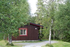 LjusnedalSörmons Stugby的红色小屋,在树林里设有窗户