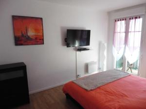 谢西Briget Apartment的卧室配有一张床和壁挂式平面电视。