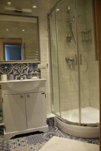 德鲁斯基宁凯Full House Apartments的带淋浴、盥洗盆和浴缸的浴室