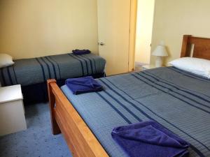 梅斯文雪松木屋的两张位于酒店客房的床,配有紫色毛巾