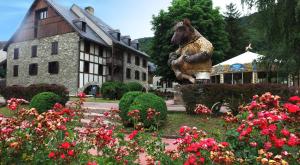 圣拉里苏朗VVF Saint-Lary-Soulan Hautes-Pyrénées的建筑物前花园内熊的雕像