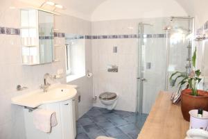 格明德Ferienwohnung Vorstadt的浴室配有卫生间、盥洗盆和淋浴。