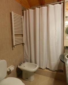 拉安戈斯图拉镇Ayelen Cabañas的浴室配有白色的浴帘和卫生间