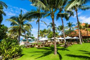努沙杜瓦巴厘岛阿优达度假酒店的棕榈树、躺椅和游泳池的度假村