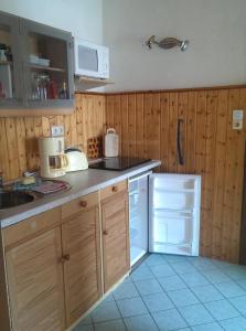 萨斯尼茨Ferienwohnungen Otto的厨房配有木制橱柜和白色冰箱。
