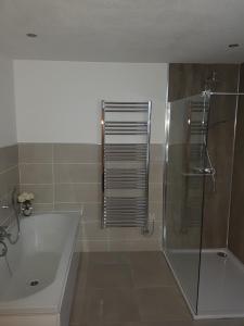 邓甘嫩科汉诺旅馆的带淋浴、浴缸和盥洗盆的浴室