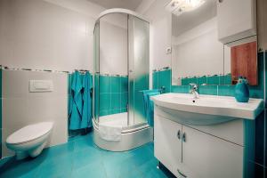 维斯迪斯公寓式酒店的一间带水槽、卫生间和淋浴的浴室