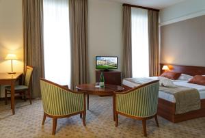 罗加斯卡斯拉提纳Grand Hotel Rogaška Premium的酒店客房带一张床、一张桌子和椅子