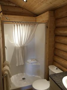 哈迪港哈迪港口小屋汽车旅馆的带淋浴、卫生间和浴缸的浴室