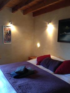 Vlezenbeek贝克斯维尔住宿加早餐旅馆的一间卧室配有一张带紫色床单和枕头的床。
