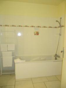 Saint-Pantaléon-de-Larche科伦姆比酒店的白色的浴室设有浴缸和淋浴。
