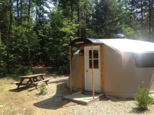 罗登Yourtes - Chalets Lanaudière的树林里的帐篷和野餐桌