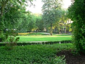 奥伯豪森市政厅美城酒店的绿树成荫的公园和草地