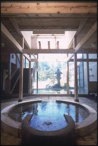 高山冈田日式旅馆和乐亭的一座带喷泉的建筑里的一个大型水池