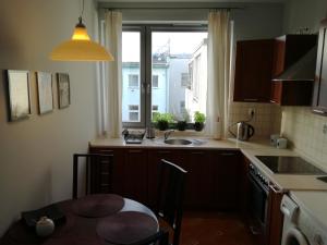 什切青Apartamenty Sedinum - Modern的厨房配有桌子、水槽和窗户