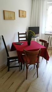 GräfenrodaFerienwohnung Wolf的一间用餐室,配有红色的桌子和椅子