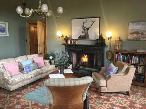 霍伊克曼斯菲尔德之家酒店的客厅配有沙发、椅子和壁炉