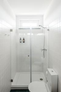 科武港O Lugar的带淋浴和卫生间的白色浴室