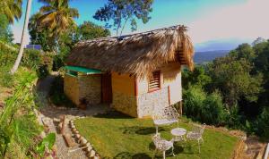 TubaguaEcolodge Tubagua Puerto Plata的一个带椅子和茅草屋顶的小房子