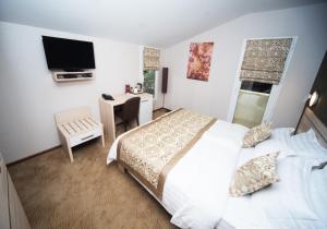 第比利斯伊比利亚迪杜贝酒店的一间卧室配有一张床、一张书桌和一台电视。