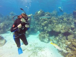 Green Turtle Cay绿海龟俱乐部滨海度假酒店的一位妇女在珊瑚礁附近的水中游泳