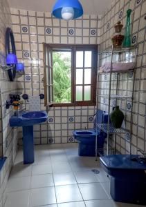 圣地亚哥－德孔波斯特拉Casa da Curuxeira的浴室设有2个蓝色的卫生间和窗户。