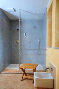 普劳恩Landhotel Plauen - Gasthof Zwoschwitz的带淋浴和盥洗盆的浴室