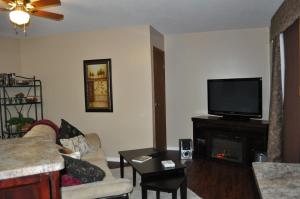 考特尼Garden House的带沙发、电视和壁炉的客厅