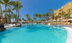 阿德耶尼瓦利亚花园酒店的棕榈树和遮阳伞度假村的游泳池