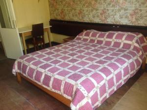 ChacaoCaulín Lodge的一间卧室配有一张带紫色和白色毯子的床