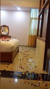亚的斯亚贝巴C Fun Addis Hotel的一间卧室配有一张床,地板上覆盖着conletti