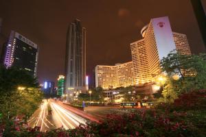 广州友乐乐酒店公寓（淘金地铁站）的城市天际线,夜晚有建筑
